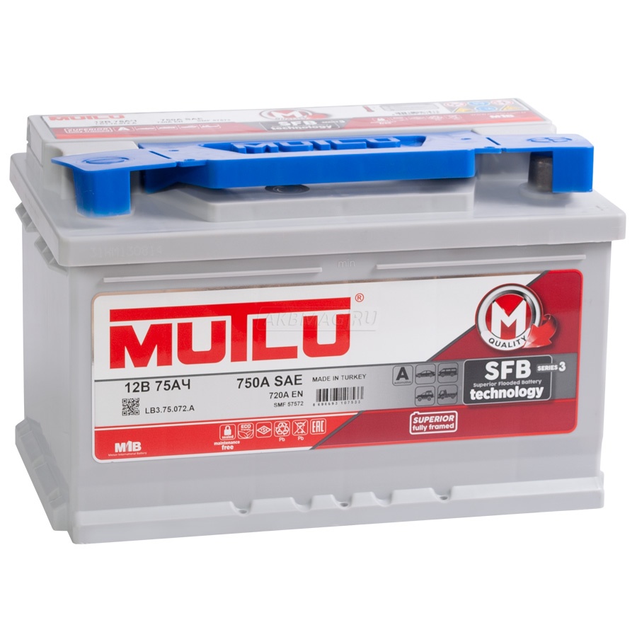 Аккумулятор автомобильный MUTLU Mega Calcium 75R (низкий) 720 А обр. пол. 75 Ач (LB3.75.072.A)