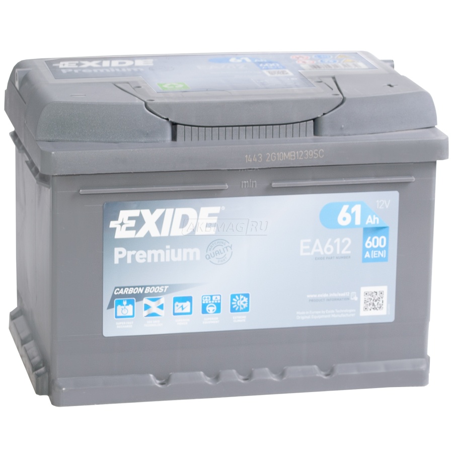 Аккумулятор автомобильный EXIDE Premium EA612 (61R) низкий 600 А обр. пол. 61 Ач