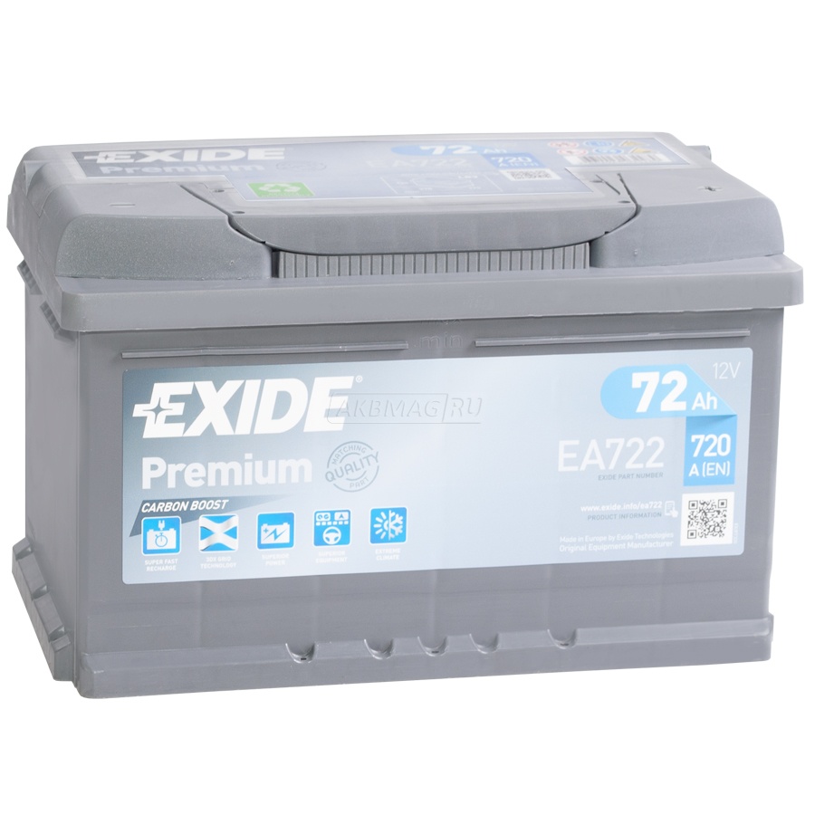 Аккумулятор автомобильный EXIDE Premium EA722 (72R) низкий 720 А обр. пол. 72 Ач