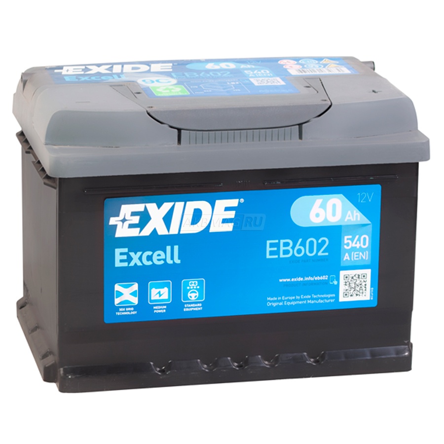 Аккумулятор автомобильный EXIDE Excell EB602 (60R) низкий 540 А обр. пол. 60 Ач