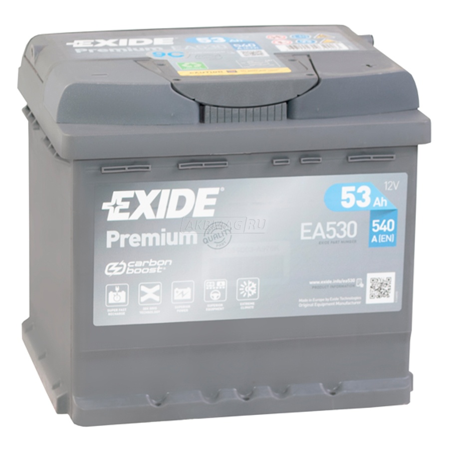 Аккумулятор автомобильный EXIDE Premium EA530 (53R) 540 А обр. пол. 53 Ач