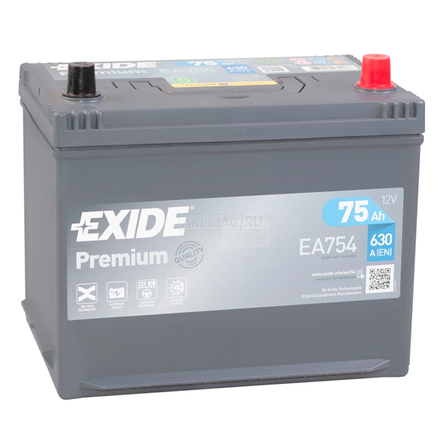 Аккумулятор автомобильный EXIDE Premium EA754 (75R) 630 А обр. пол. 75 Ач