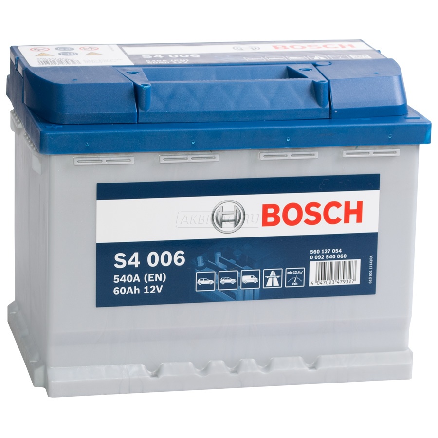 Аккумулятор автомобильный BOSCH S4 006 (60L) 540 А прям. пол. 60 Ач (0 092 S40 060)