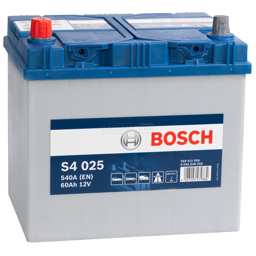 Аккумулятор автомобильный BOSCH S4 025 (60L) 540 А прям. пол. 60 Ач (0 092 S40 250)