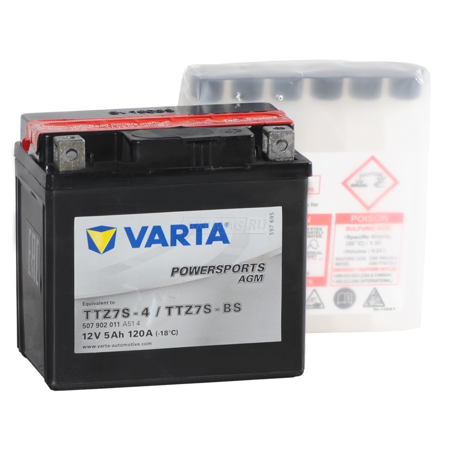 Аккумулятор для мототехники VARTA Powersports AGM TTZ7S-BS 120 А обр. пол. 5 Ач (507 902 011)
