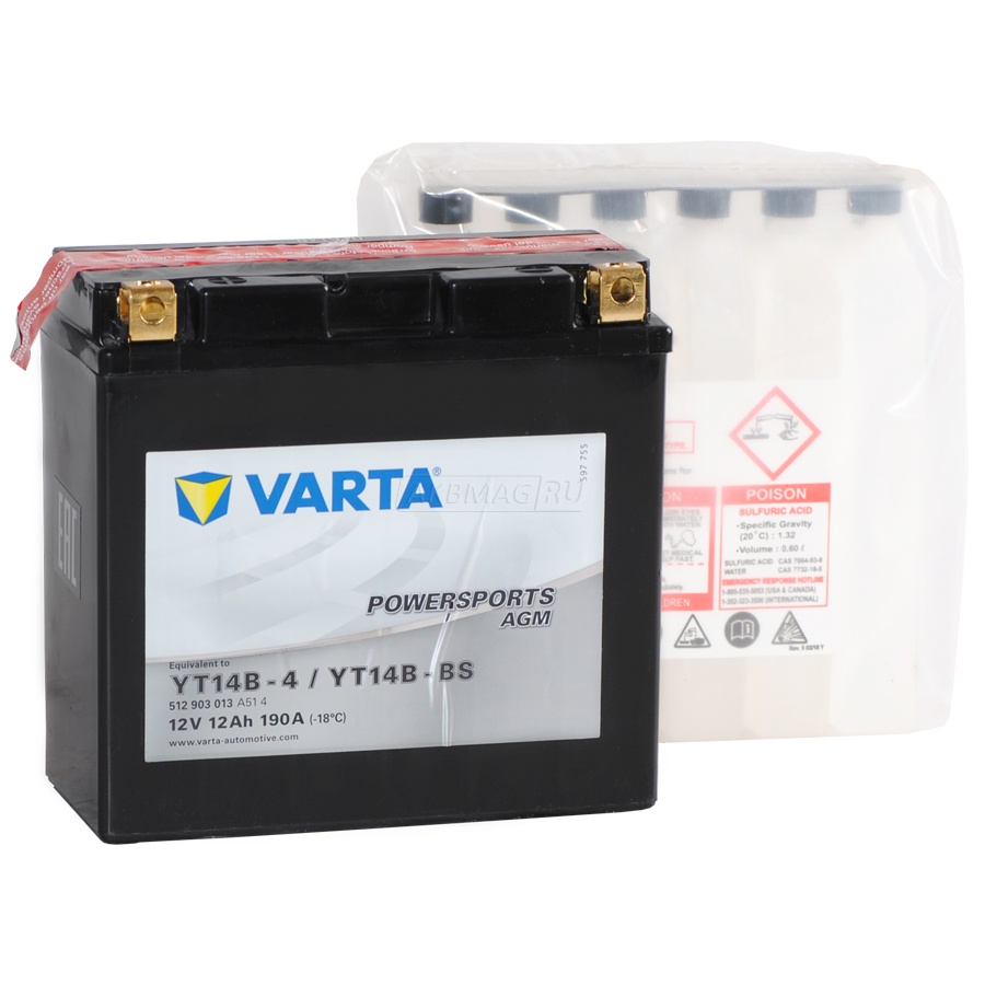 Аккумулятор для мототехники VARTA Powersports AGM YT14B-BS 190 А прям. пол. 12 Ач (512 903 013)