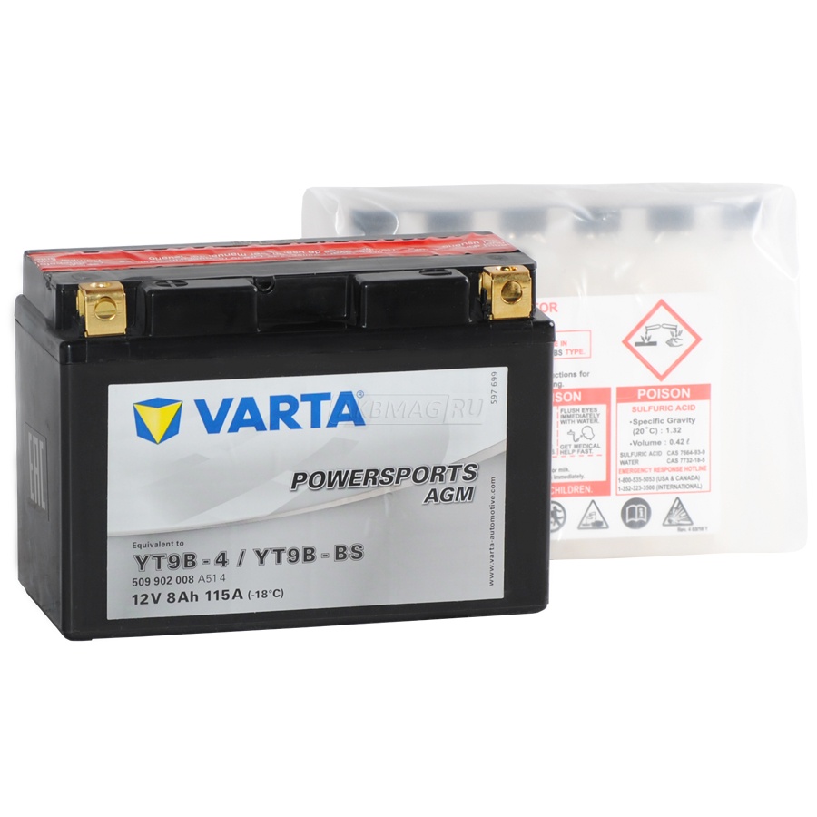 Аккумулятор для мототехники VARTA Powersports AGM YT9B-BS 115 А прям. пол. 8 Ач (509 902 008)