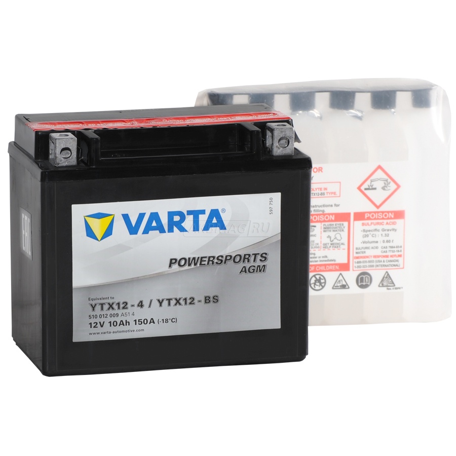 Аккумулятор для мототехники VARTA Powersports AGM YTX12-BS 150 А прям. пол. 10 Ач (510 012 009)