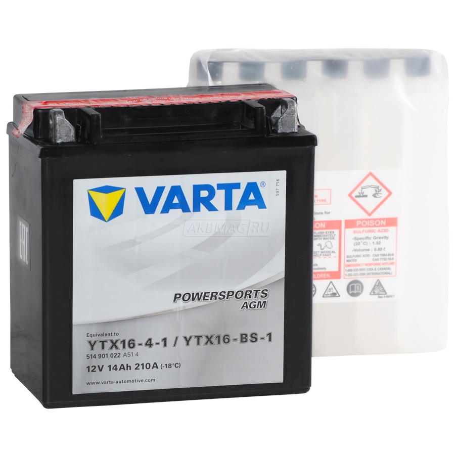 Аккумулятор для мототехники VARTA Powersports AGM YTX16-BS-1 210 А прям. пол. 14 Ач (514 901 022)