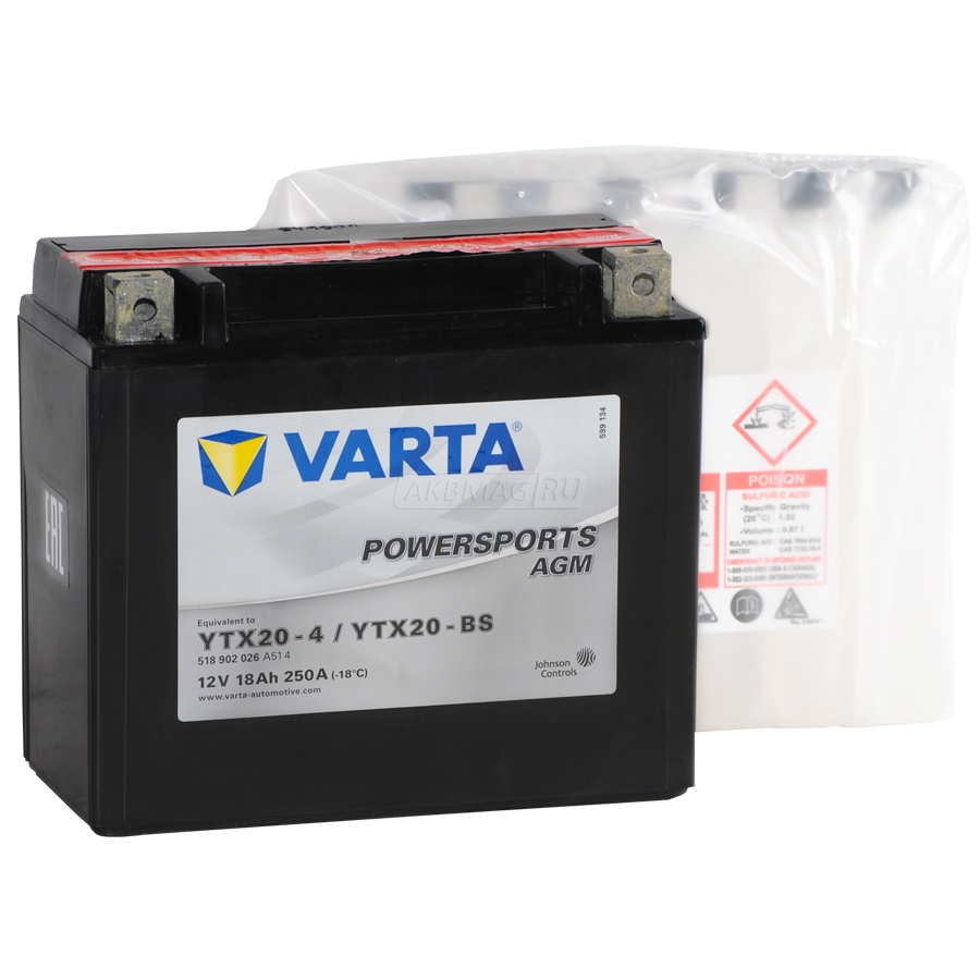 Аккумулятор для мототехники VARTA Powersports AGM YTX20-BS 250 А прям. пол. 18 Ач (518 902 026)