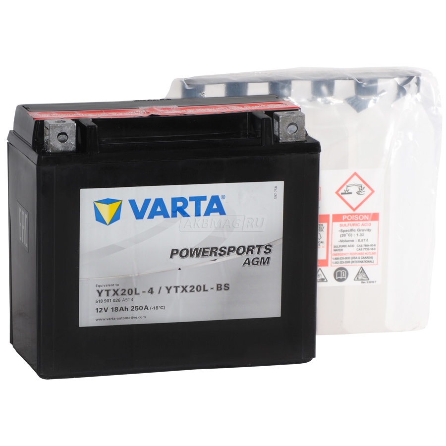 Аккумулятор для мототехники VARTA Powersports AGM YTX20L-BS 250 А обр. пол. 18 Ач (518 901 026)