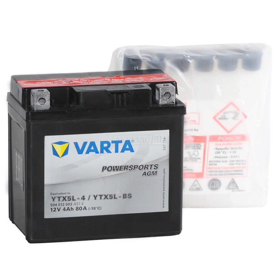 Аккумулятор для мототехники VARTA Powersports AGM YTX5L-BS 80 А обр. пол. 4 Ач (504 012 003)