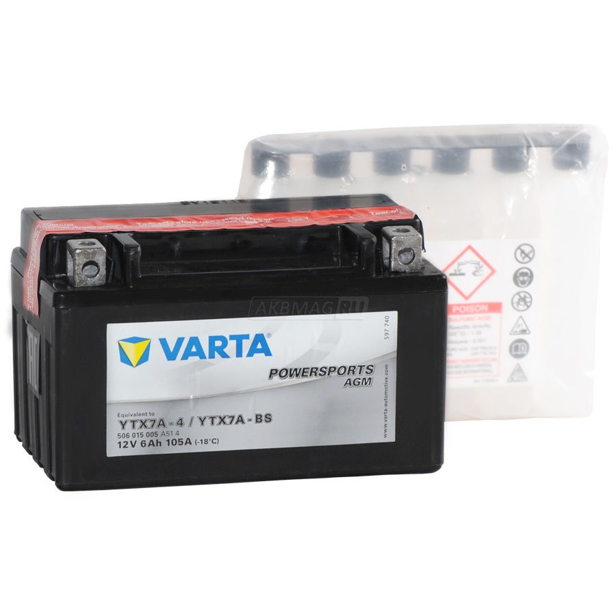 Аккумулятор для мототехники VARTA Powersports AGM YTX7A-BS 105 А прям. пол. 6 Ач (506 015 005)