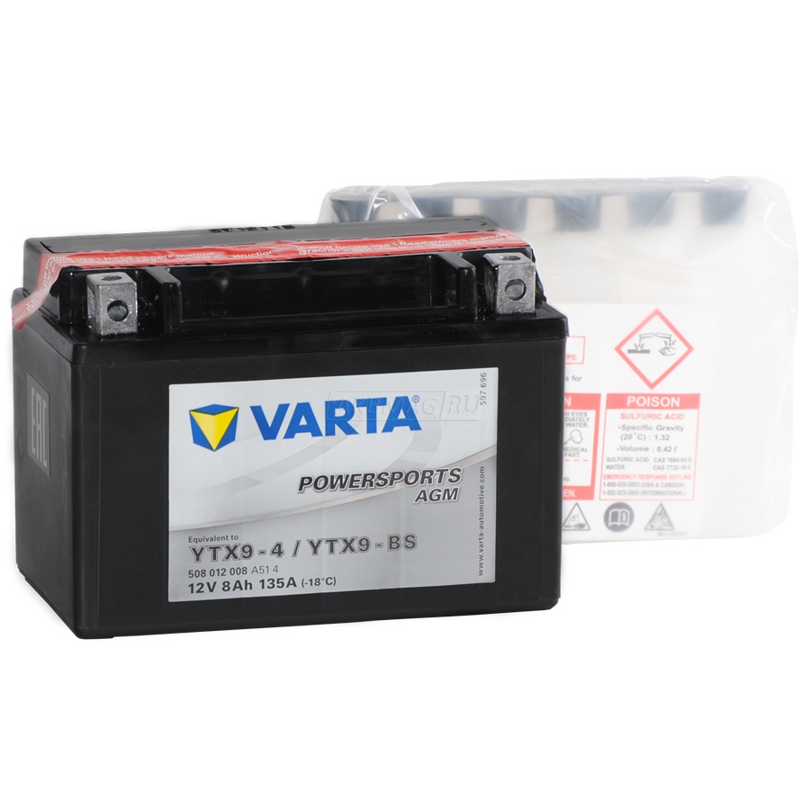 Аккумулятор для мототехники VARTA Powersports AGM YTX9-BS 135 А прям. пол. 8 Ач (508 012 008)
