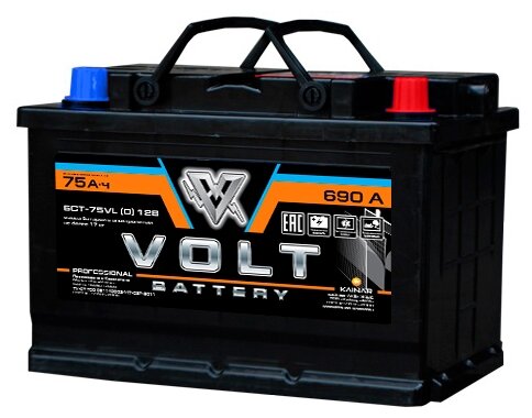 Аккумулятор автомобильный VOLT PROFESSIONAL 6СТ-75.0 (КАЙНАР) низкая