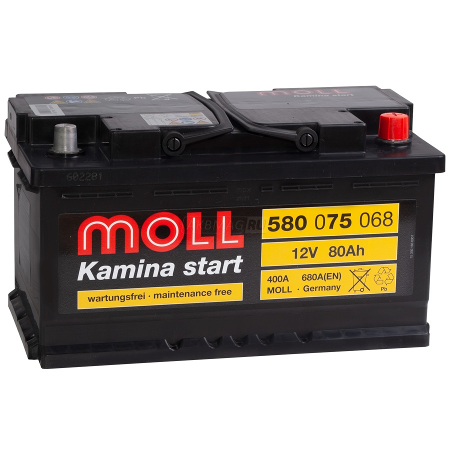 Аккумулятор автомобильный MOLL Kamina Start 80RS (низкий) 680 А обр. пол. 80 Ач (580 075 068)