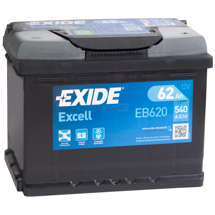 Аккумулятор автомобильный EXIDE Excell EB620 (62R) 540 А обр. пол. 62 Ач