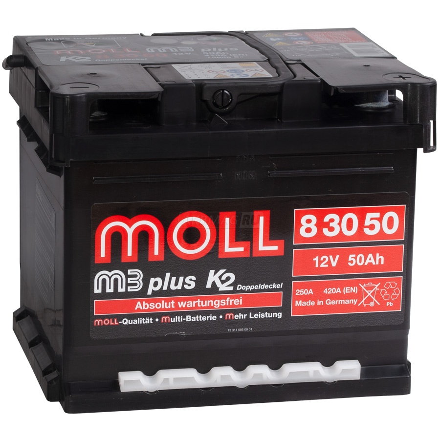 Аккумулятор автомобильный MOLL M3plus 50R (низкий) 420 А обр. пол. 50 Ач (8 30 50)