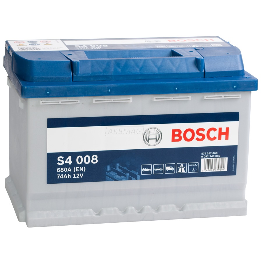 Аккумулятор автомобильный BOSCH S4 74R (008) 680 А обр. пол. 74 Ач (0 092 S40 080)