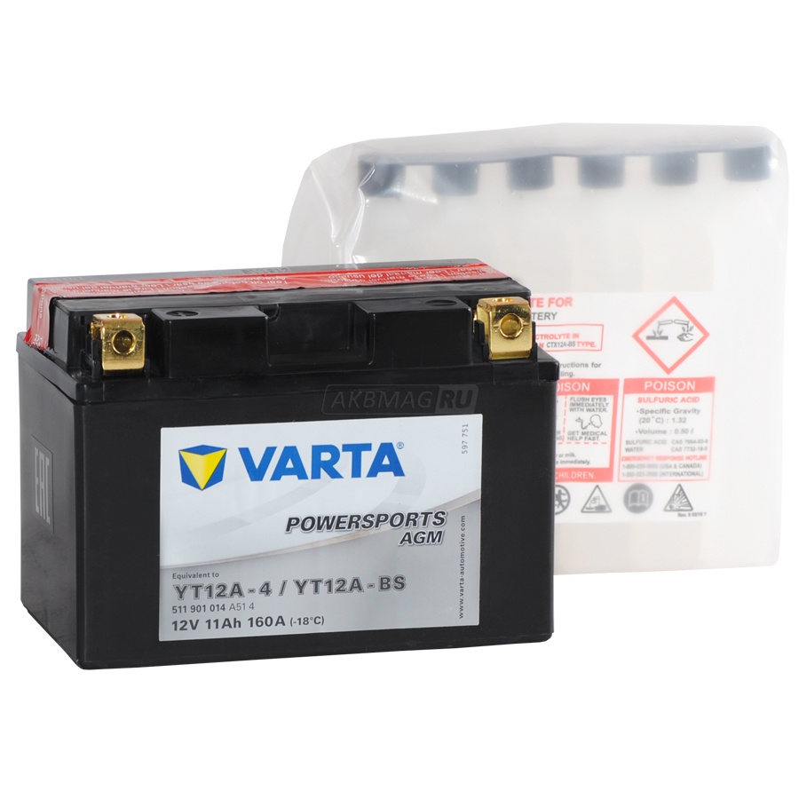 Аккумулятор для мототехники VARTA Powersports AGM YT12A-BS 160 А прям. пол. 11 Ач (511 901 014)